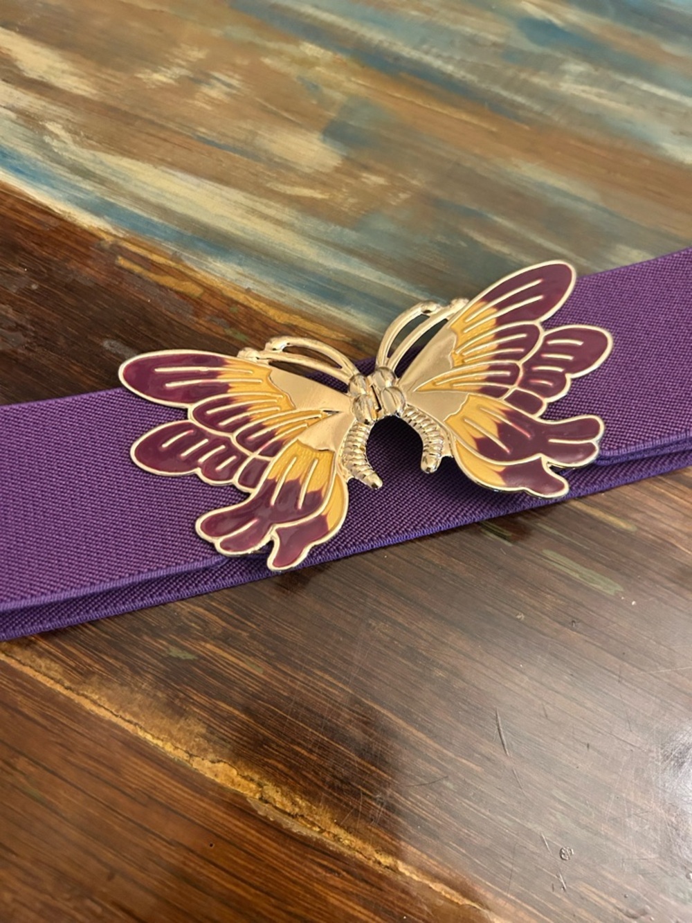 Purple Elastic Waist Belt with Gold Butterfly Buckle